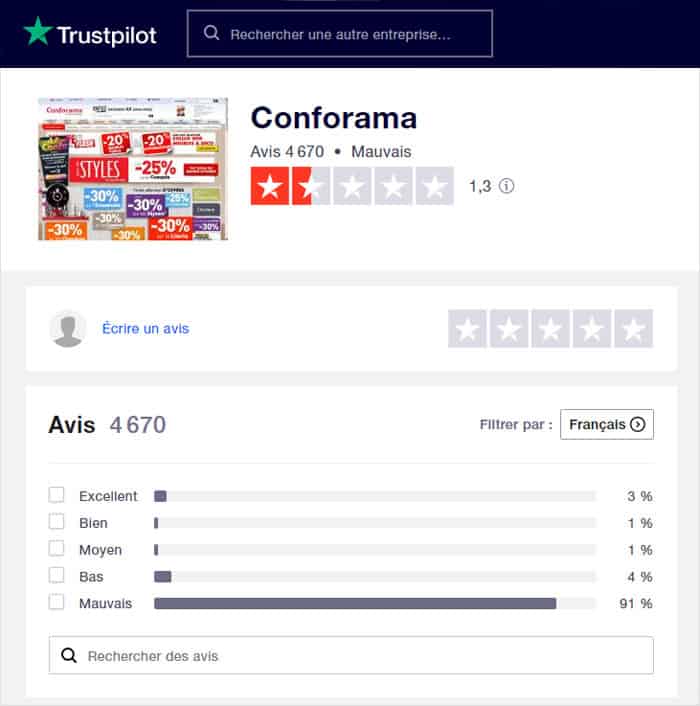 Avis des clients sur le magasin Conforama via Trustpilot